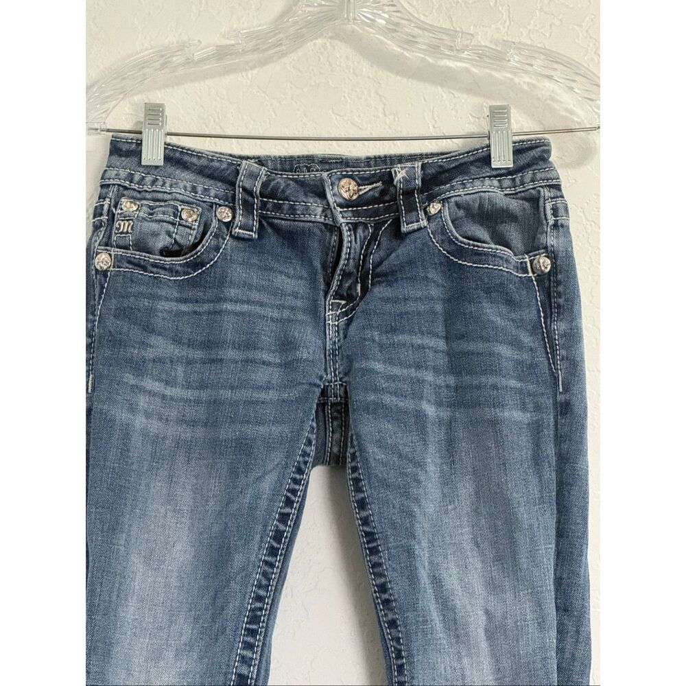 Miss Me Jeans Womens 25 Blue Signature Straight Low Rise Distressed Embellished - Picture 2 of 6